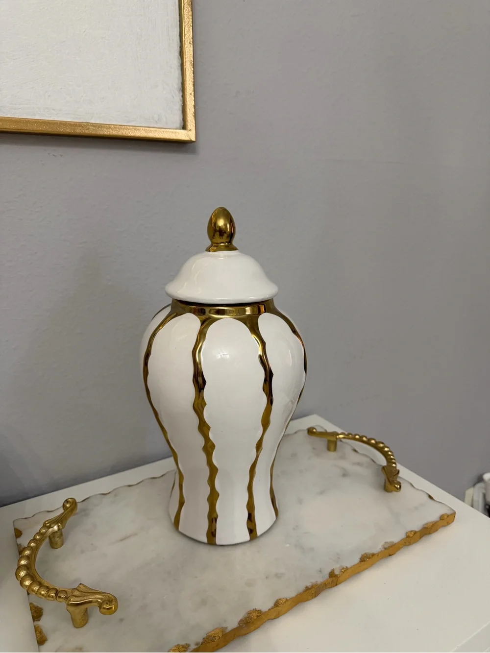 White and Gold Decorative Porcelain Jar with Lid - Home Accents